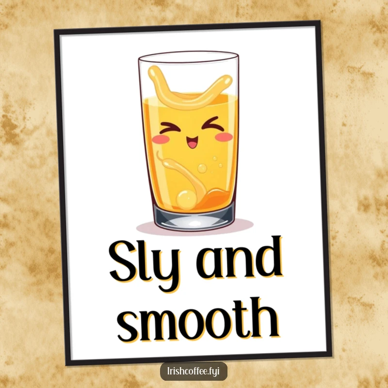 Funny poster of a happy whiskey glass with swirling liquid, slyly winking, adding character to wall decor.