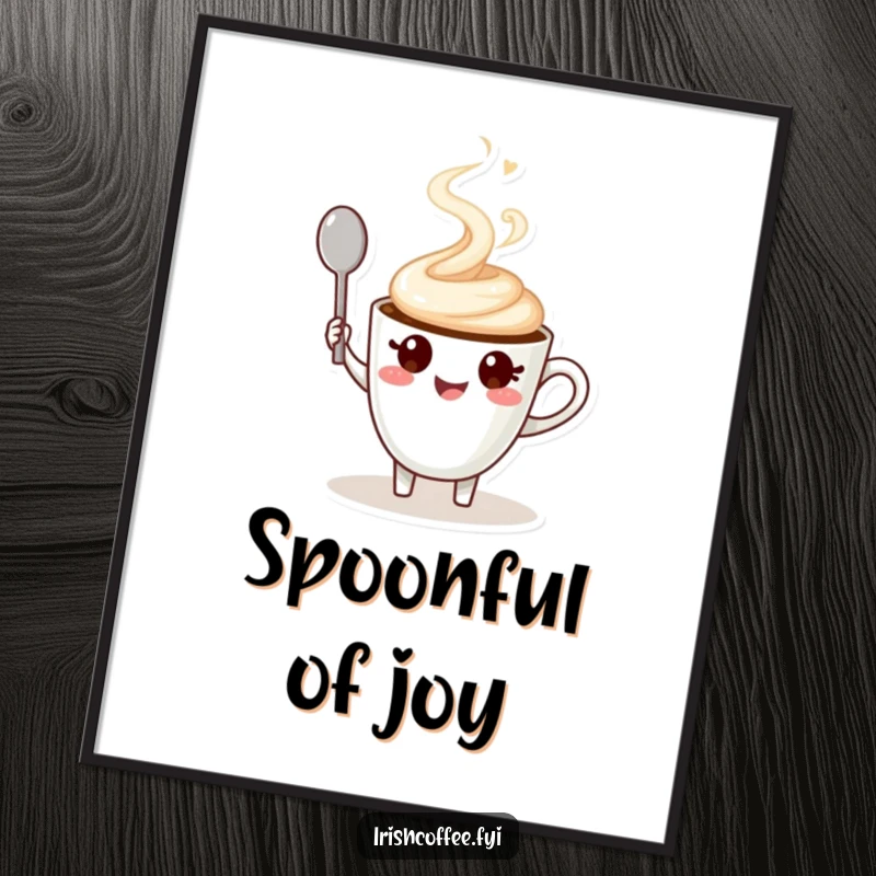 Funny poster art of a coffee cup character waving a spoon amidst steam, a cheerful and humorous decoration.