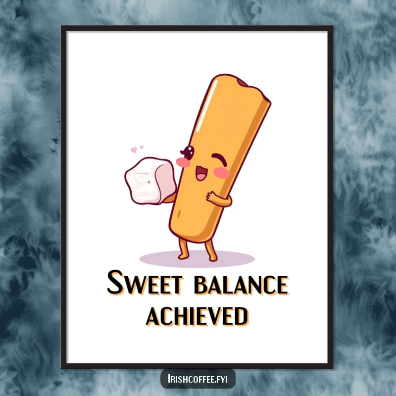Funny poster art of a cinnamon stick winking and balancing a sugar cube, adding a flavorful and humorous touch to decor.