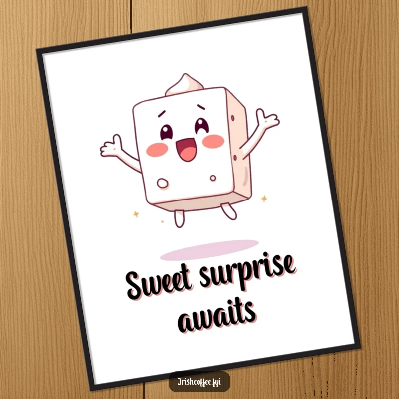 Funny poster of a surprised sugar cube character jumping, adding whimsical energy and humor to wall decor.