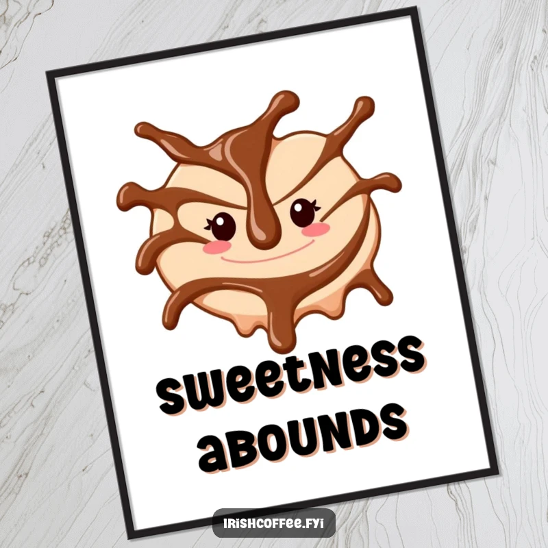 Funny poster print of a cheerful chocolate sauce drizzle swirling, adding whimsical dessert humor to any wall.