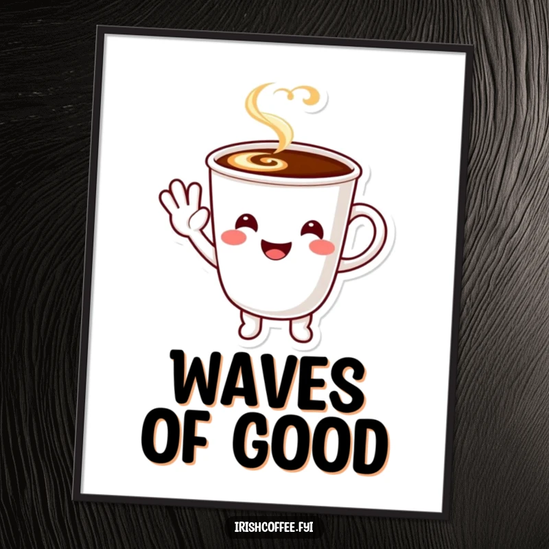 Funny smiling coffee cup character waving happily, displayed as vibrant wall art poster.
