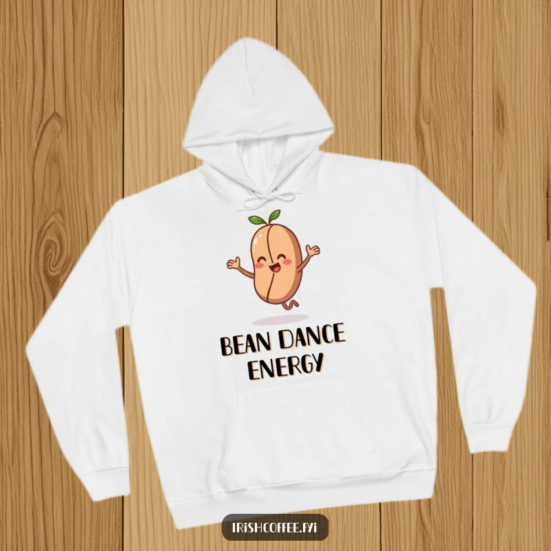 Funny hoodie showcasing a coffee bean character in an energetic, tiny dance, bringing fun and warmth.