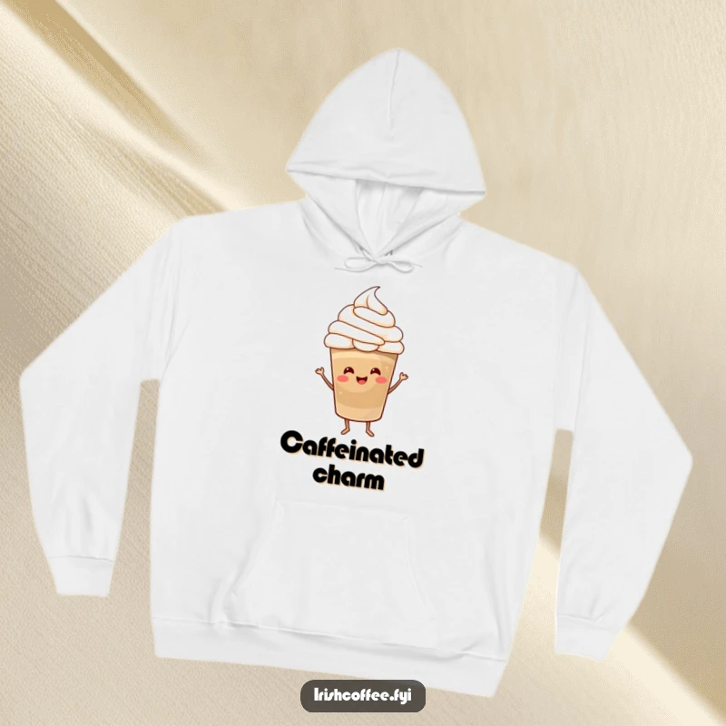 Funny Hoodie featuring a cheerful coffee cup with a whipped cream hat, captured mid-dance, exuding warmth and playful caffeine energy.
