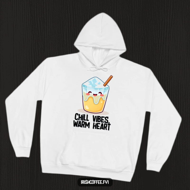 Funny hoodie featuring a happy, melting ice cube finding contentment in a warm beverage, designed for ultimate coziness.