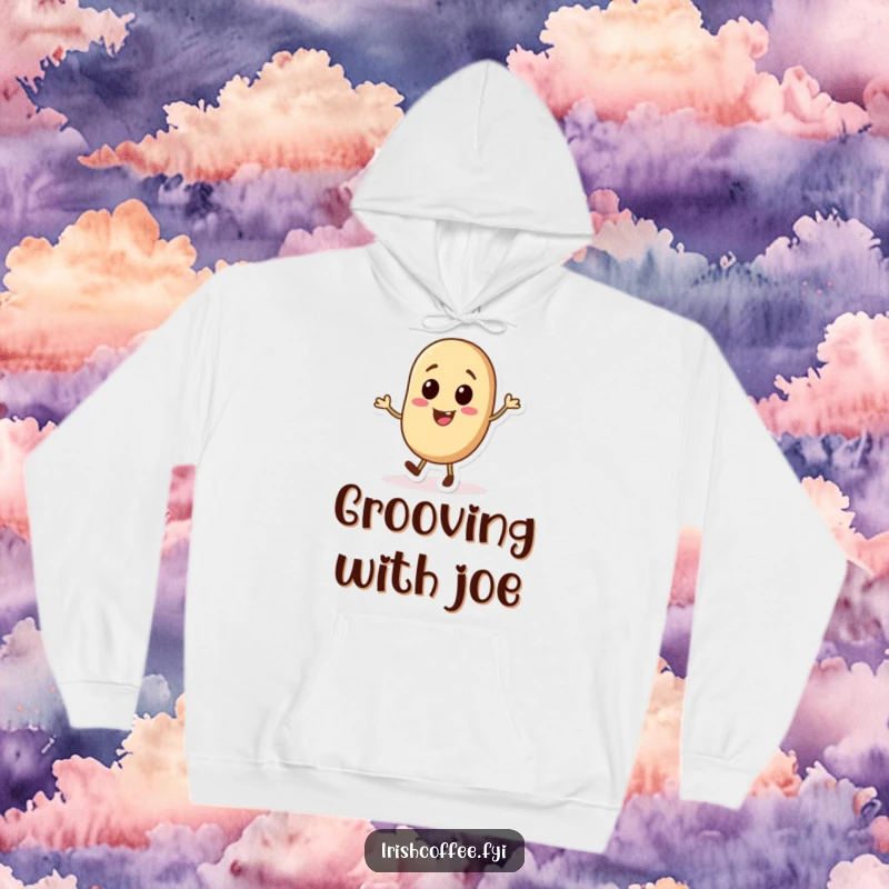 Funny and cozy hoodie featuring a delightful coffee bean character in a playful tap dance pose, perfect for relaxation.
