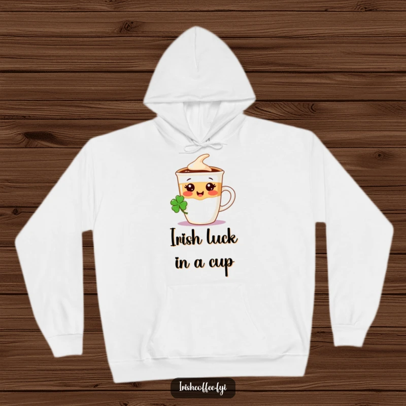 Funny hooded sweatshirt with a cheerful coffee cup character wearing a lucky shamrock, perfect for staying warm and stylish.