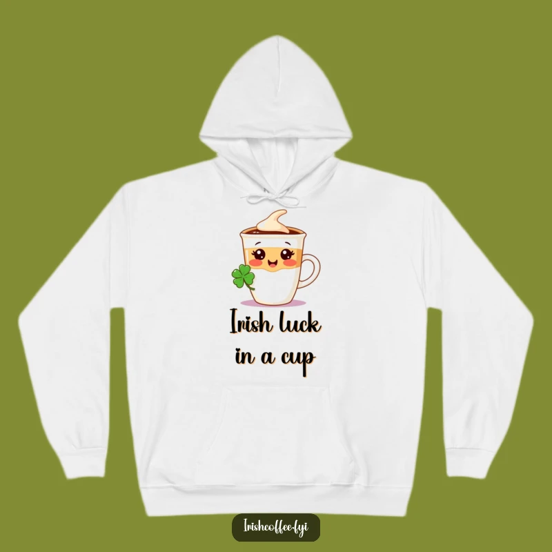 Cozy Funny Coffee Cup Hoodie - Lucky Shamrock Character, Warm Irish Gift