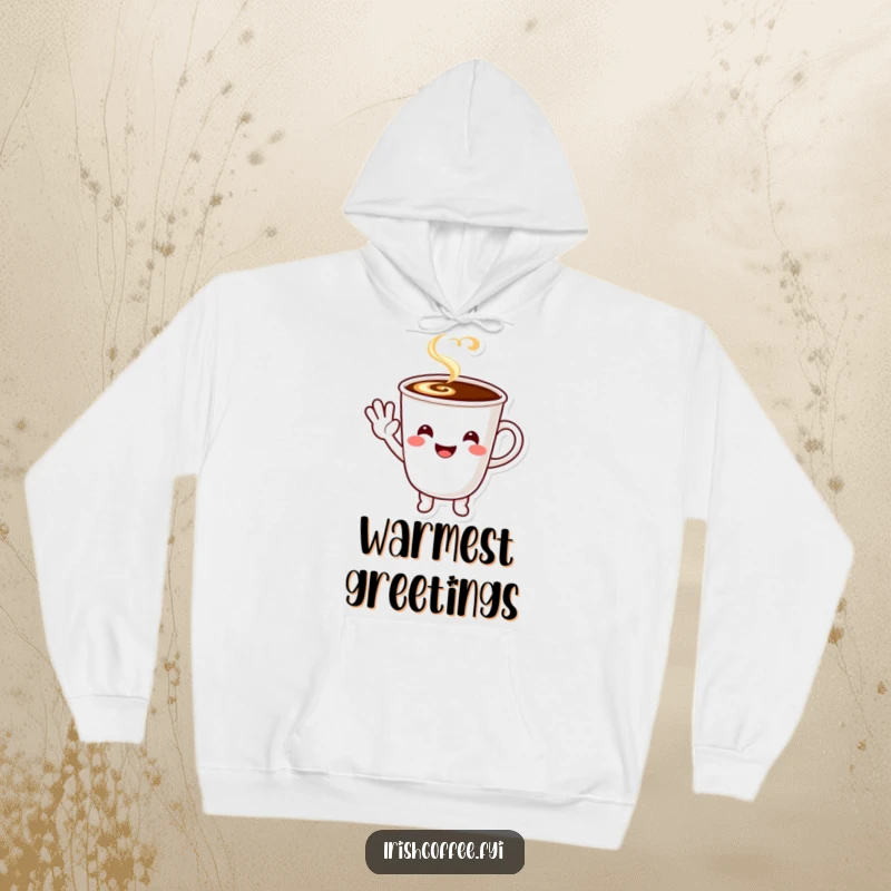 Funny smiling coffee cup character waving a happy greeting, printed on a soft, cozy hoodie.