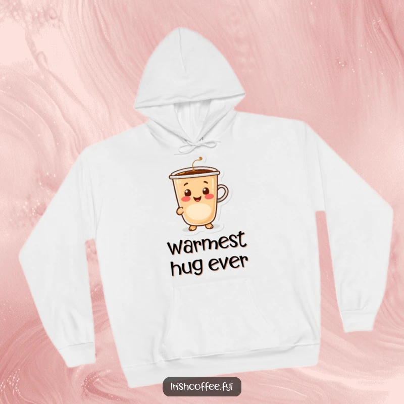 Funny happy coffee cup character with a warm, inviting smile, printed on a soft, cozy hoodie.