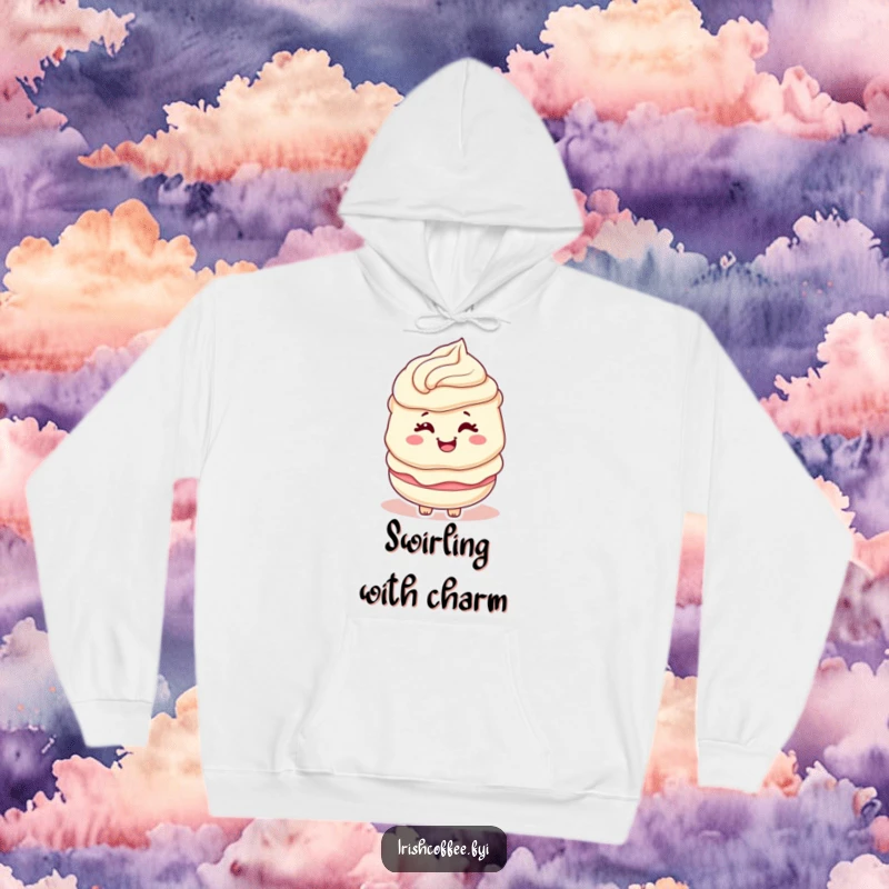 Funny hoodie showcasing a happy cream layer character playfully winking with a swirl, cozy humor.