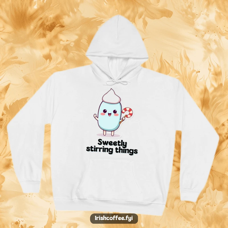 Funny and cozy hoodie featuring a playful stir stick character offering a miniature candy cane, perfect for comfort and charm.