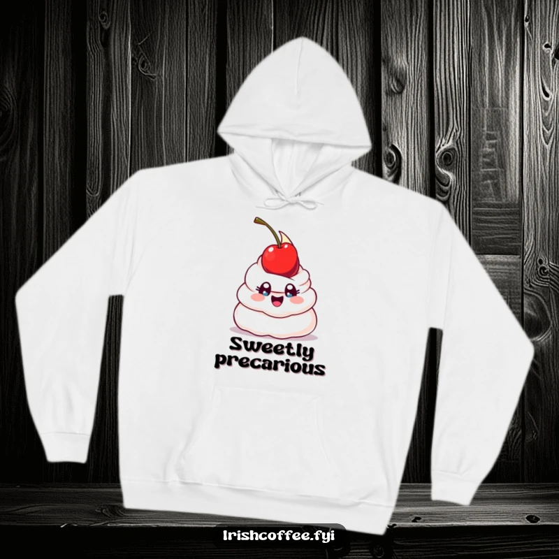 Funny hoodie featuring a happy whipped cream dollop with wide eyes, humorously attempting to balance a cherry, cozy and full of sweet charm.
