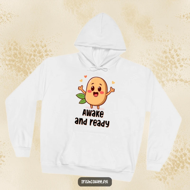 Funny hoodie showcasing a happy coffee bean character popping up with boundless energy, ideal for cozy, humorous wear.
