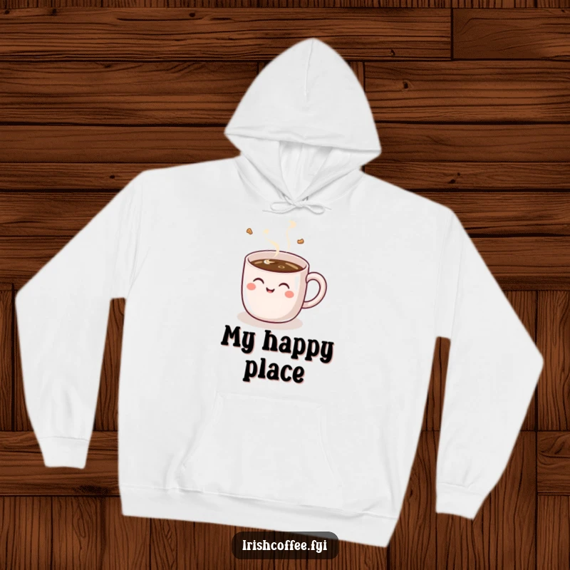 Funny hoodie design showcasing a cheerful, giggling coffee mug with a handle being filled, offering warmth and humor.