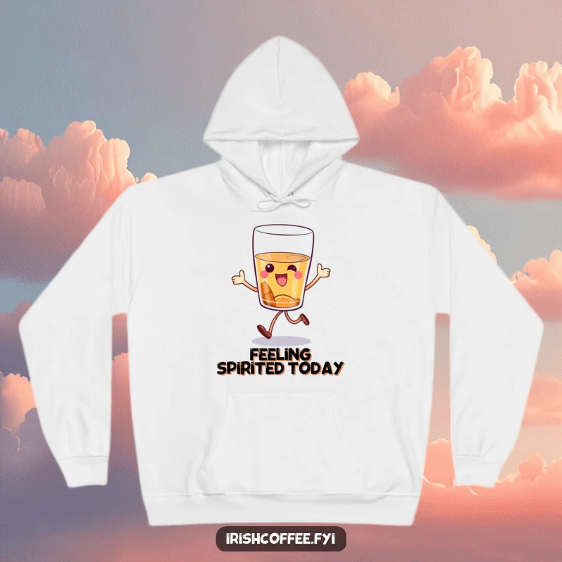 Funny whiskey glass hoodie showcasing a cartoon character hopping with pure delight, offering warm and humorous apparel.