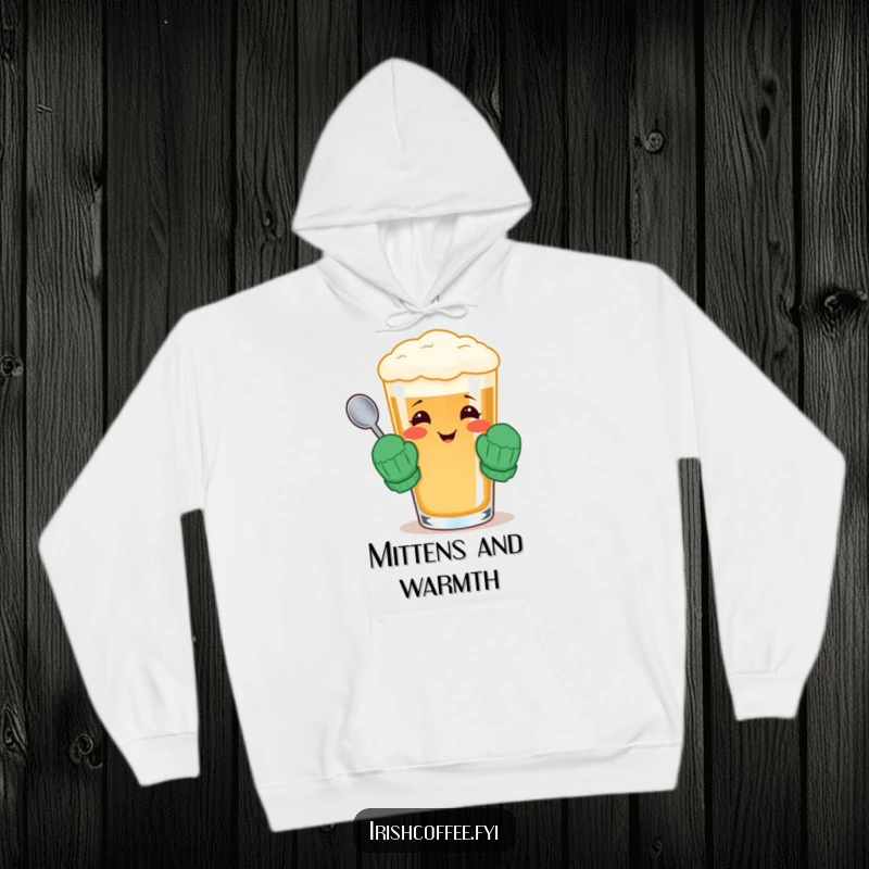 Funny hoodie featuring a cheerful Irish coffee glass wearing tiny mittens and holding a spoon, perfect for cold weather.