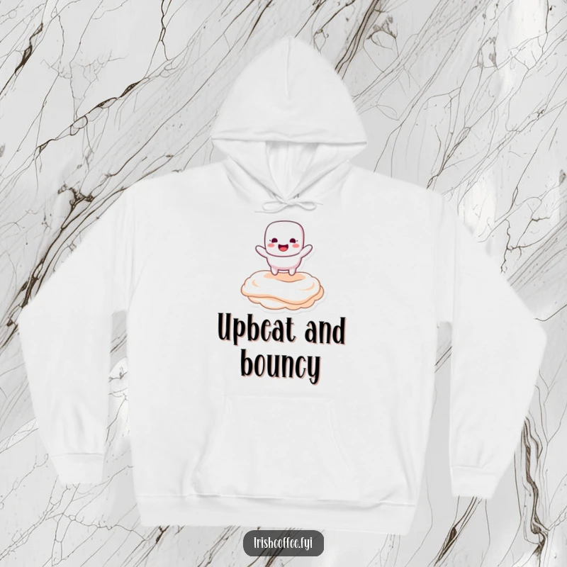 Funny hoodie featuring a happy marshmallow character bouncing on creamy topping, offering cozy and sweet humorous vibes.
