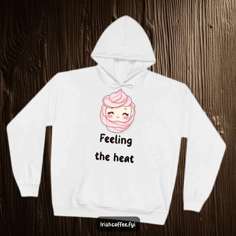 Funny hoodie featuring a shy whipped cream swirl character blushing warmly, offering a blend of comfort and humor.