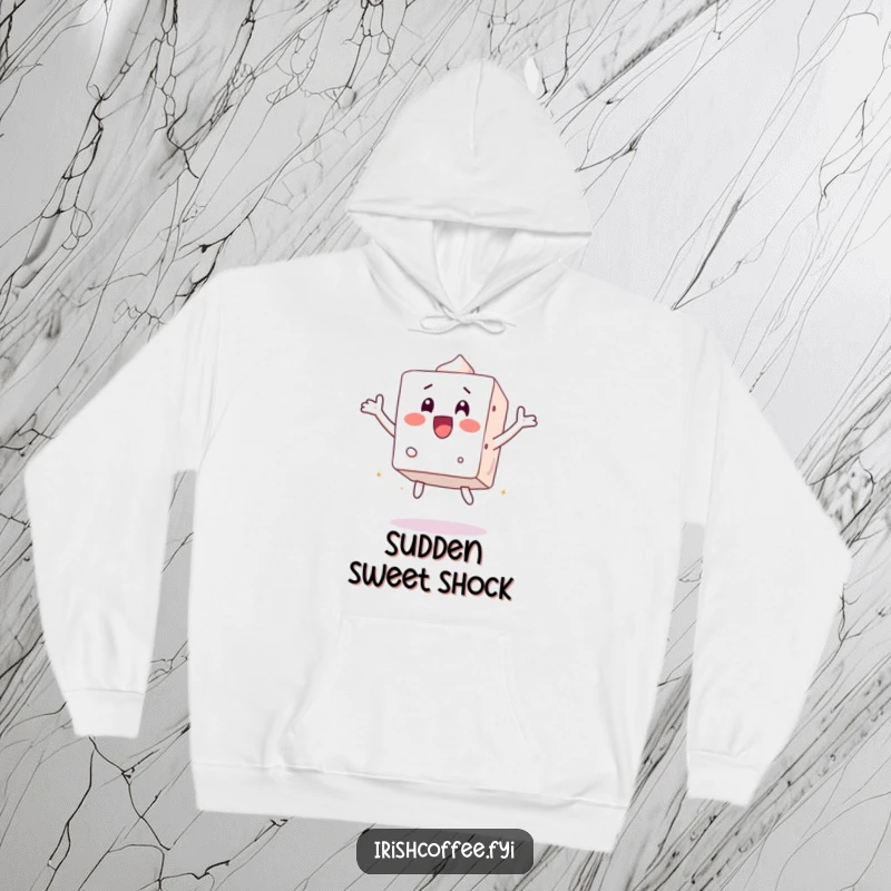 Funny hoodie with a surprised sugar cube character jumping, offering warmth and a jolt of humorous surprise.