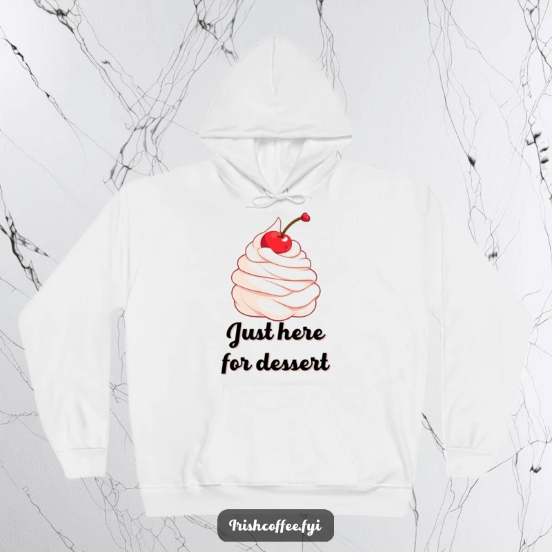 Funny hoodie graphic of a cheerful whipped cream dollop with a spinning cherry, perfect for cozy and amusing wear.