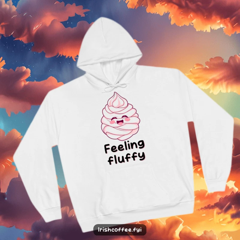 Funny cheerful whipped cream swirl laughing with delight on a cozy hoodie, perfect for warm and humorous comfort.