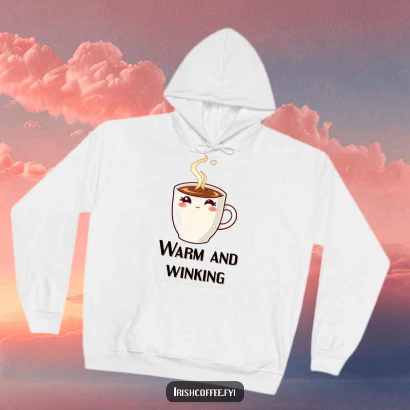 Funny hoodie with a steaming coffee mug winking, perfect for cozying up with coffee-themed humor.