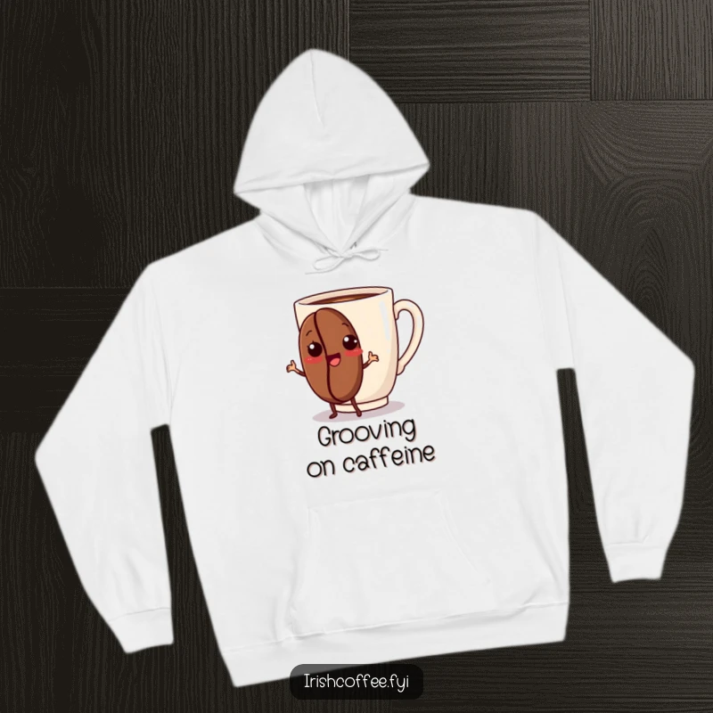 Funny hoodie showcasing a cheerful coffee bean doing a lively dance, designed for comfort and spreading happy vibes.