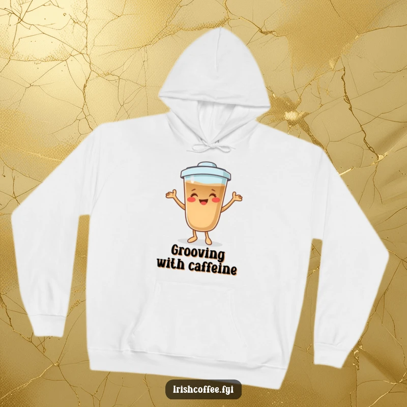 Funny coffee character hoodie smiling and dancing playfully, offering cozy comfort and a humorous vibe.