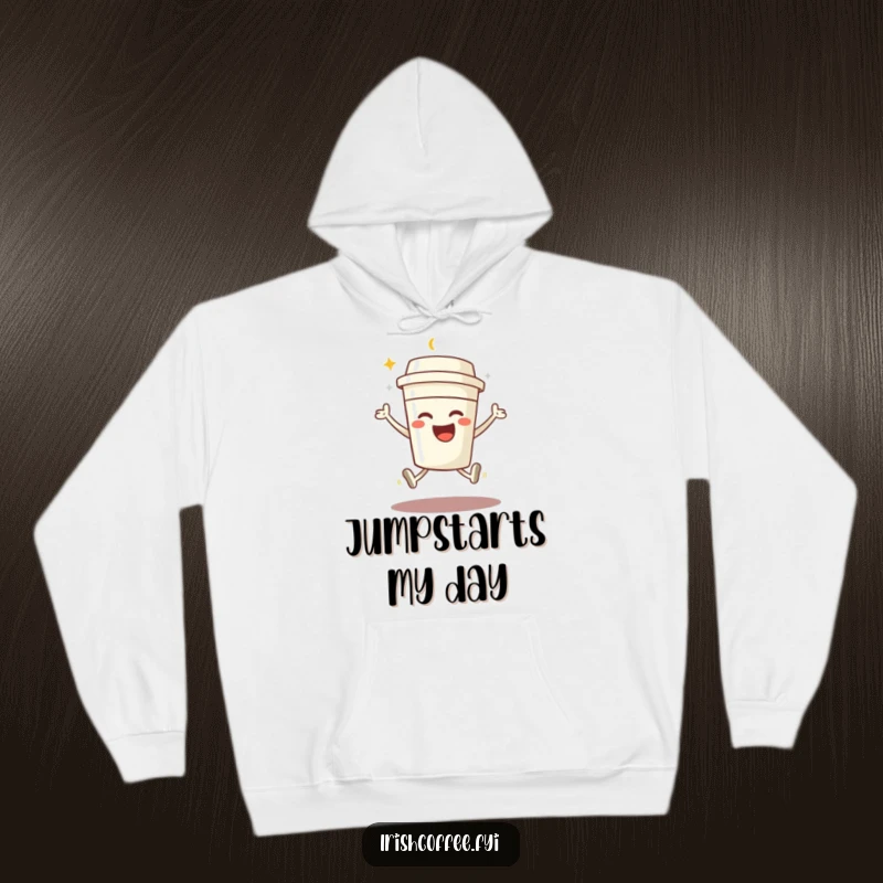 Funny hoodie with a beaming coffee cup character in a joyful jump, perfect for warm, energetic, and humorous wear.