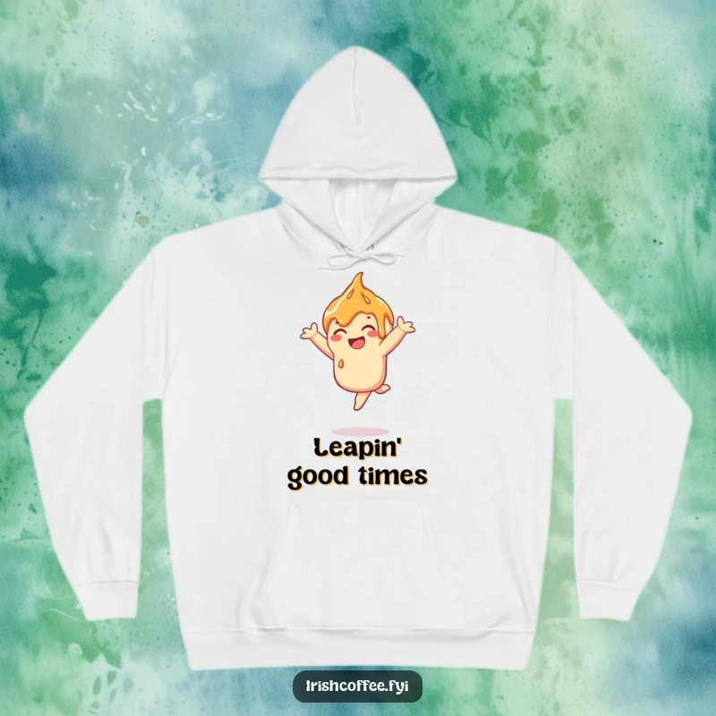 Funny caramel hoodie featuring a smiling caramel drizzle in a playful leap, cozy and humorous apparel.
