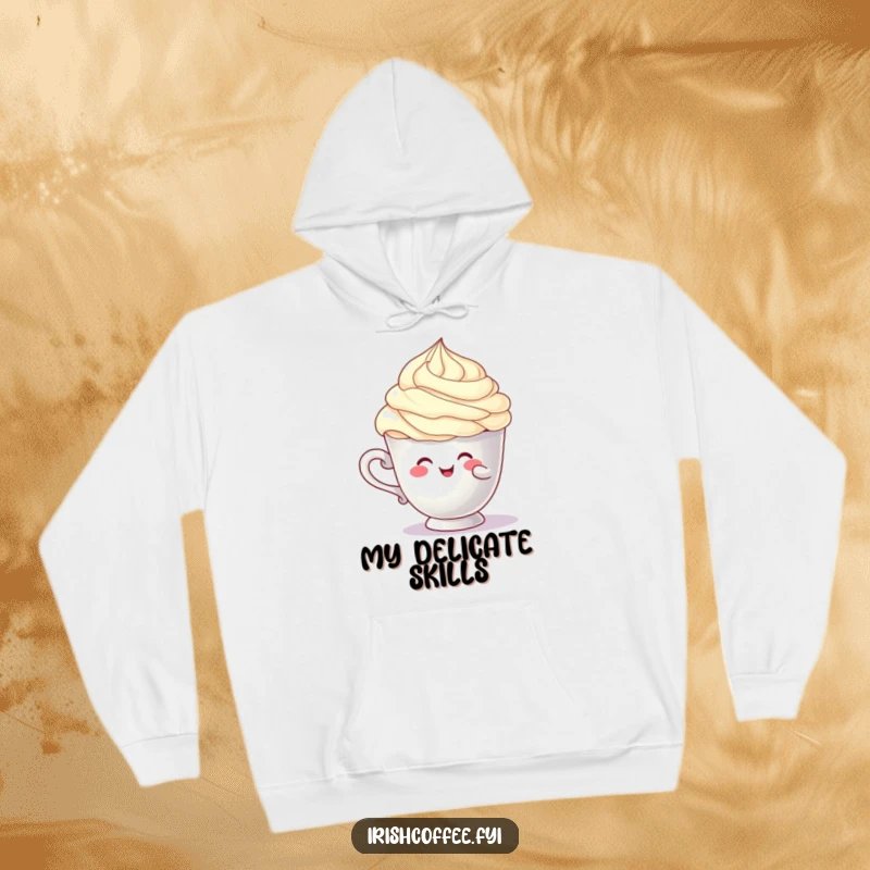 Funny cup character hoodie comically balancing a cream swirl, offering warmth and humorous relatability, perfect funny gift.