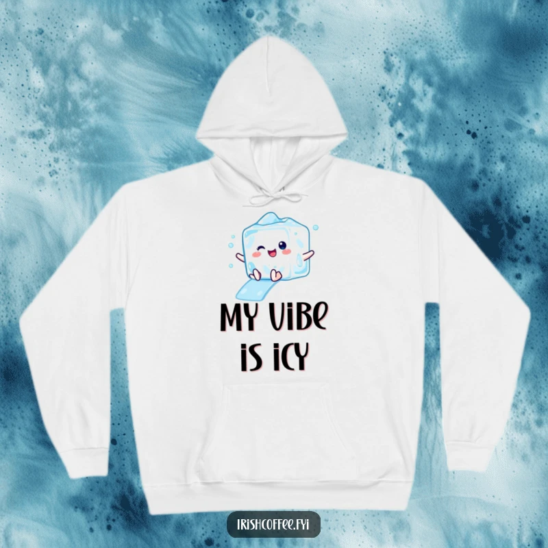 Funny hoodie depicting a delighted ice cube character performing a cool and refreshing slide, perfect for chilly days.