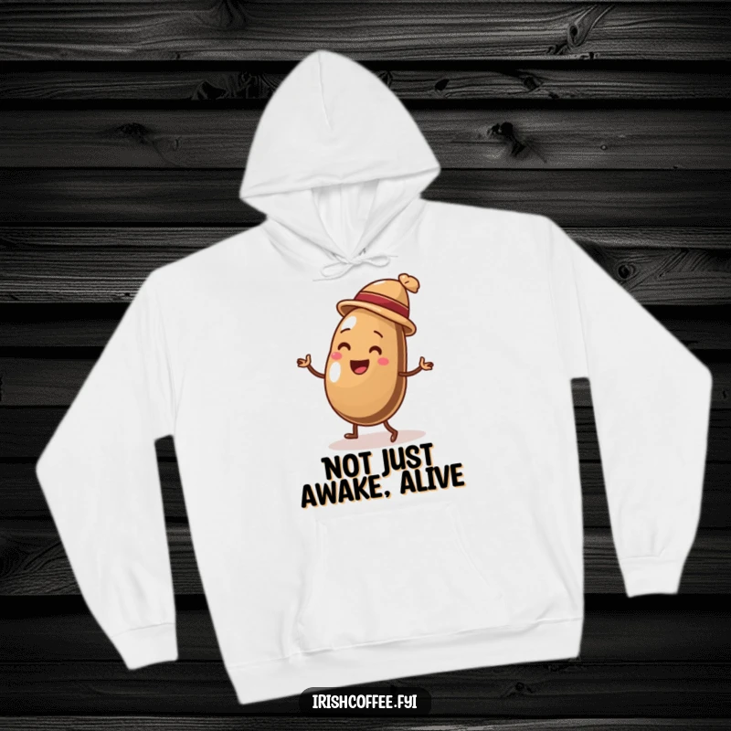 Funny hoodie print of a delighted coffee bean in a tiny hat performing an energetic, lively jig, bringing humor and warmth.