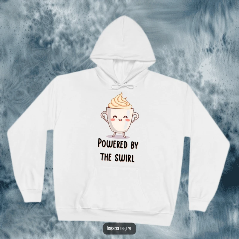 Funny hoodie featuring a cheerful coffee cup character doing a happy jig with swirling cream, perfect for comfortable, joyful wear.