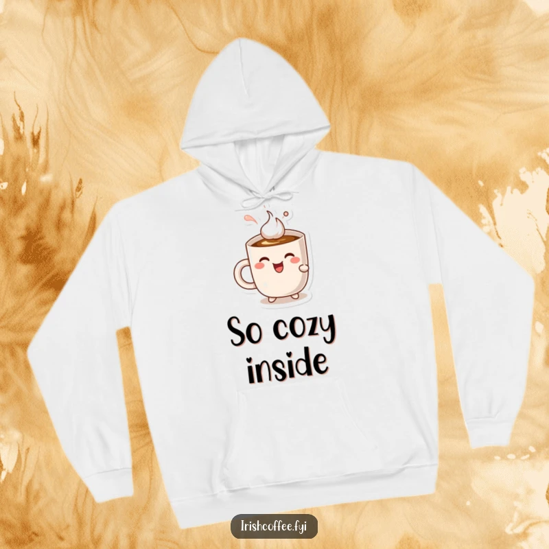 Funny cheerful coffee mug character delightedly sipping coffee, printed on a soft, cozy hoodie.