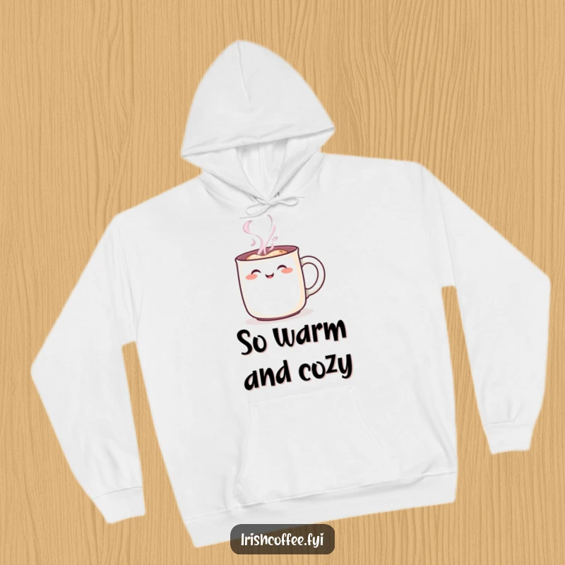 Funny steaming mug character hoodie, showing a cheerful rosy blush, offering cozy warmth and a humorous vibe, ideal funny gift.