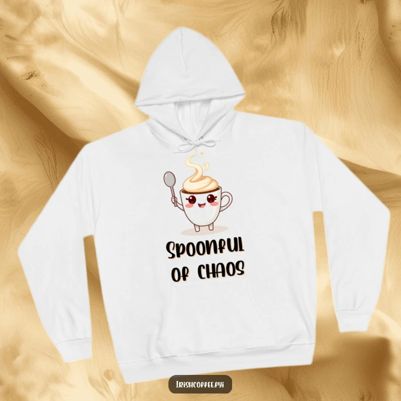Funny hoodie showcasing a happy coffee cup character, steaming swirl, and waving spoon, perfect cozy humor.
