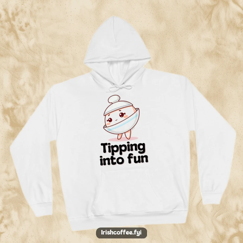 Funny saucer hoodie featuring a delightful tableware character playfully tipping, offering cozy comfort and a whimsical vibe.