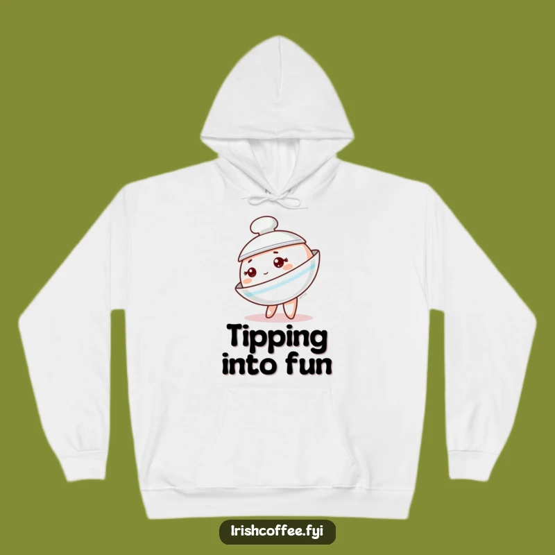 Funny Saucer Tipping Hoodie: Cozy Tableware Character Wear, Perfect Funny Gift!