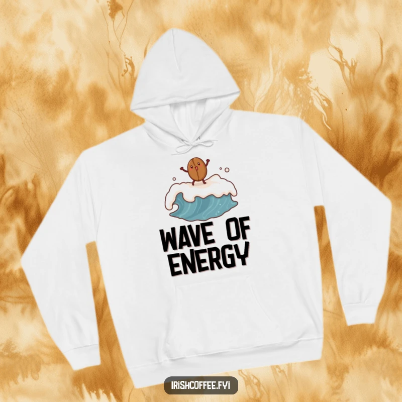 Funny coffee bean hoodie featuring a dancing bean on a frothy wave, cozy and humorous coffee apparel.