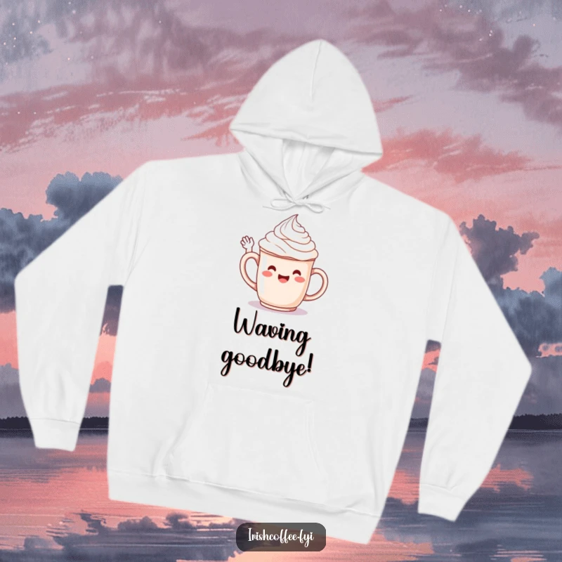 Funny hoodie featuring a jubilant whipped cream character atop a mug, cheerfully waving hello with a friendly demeanor.