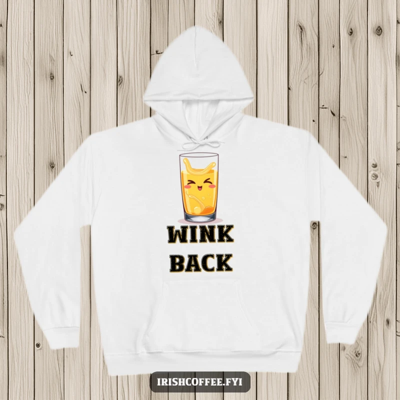 Funny hoodie with a happy whiskey glass, liquid swirling inside, slyly winking with a mischievous glint.