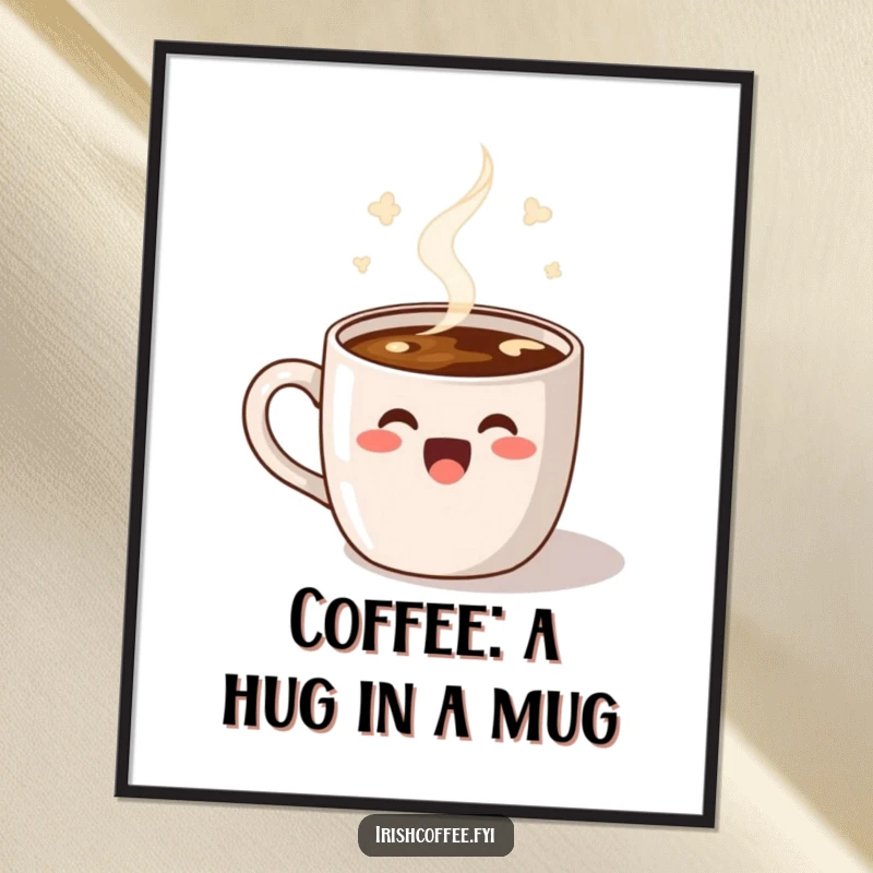 Funny Free Printable Wall Art of a delighted coffee mug with steam lines doing a happy dance, adding a whimsical touch.