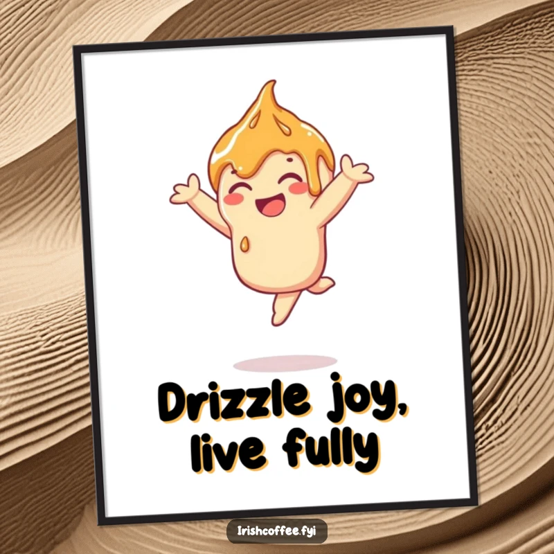 Funny free printable wall art of a smiling caramel drizzle mid-leap. Dynamic, sweet, and humorous decorative art.