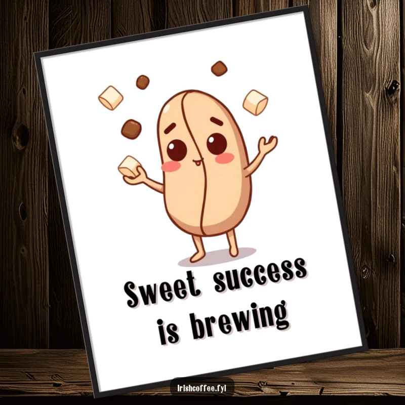 Funny Free Printable wall art of a curious coffee bean character skillfully juggling tiny sugar cubes, a whimsical piece.