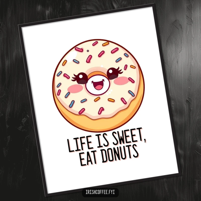 Funny free printable wall art of a delighted donut with sprinkles winking. Whimsical and humorous decor for any room.