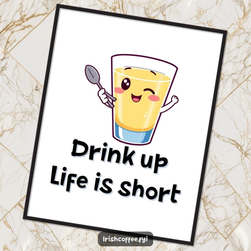 Funny Free Printable Wall Art: A giggling shot glass winks cheekily, holding a tiny spoon, ready for a good time.