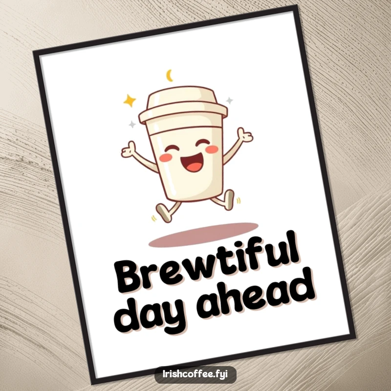 Funny Free Printable Wall Art: A beaming coffee cup character does a joyful jump, adding energy to decor.