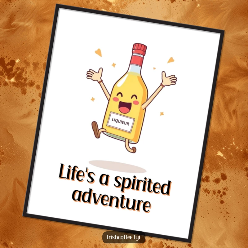 Funny Free Printable Wall Art showing a delighted liqueur bottle performing a celebratory jump, a vibrant downloadable art piece.